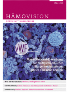 Titelseite der Zeitschrift Hämovision, März 2026, mit Von-Willebrand-Erkrankung-Schlagzeile und blauer abstrakter Kunst.